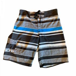 Hang Ten Medium Swim Trunks Fully Lined Black Blue Stripes Beach Wear